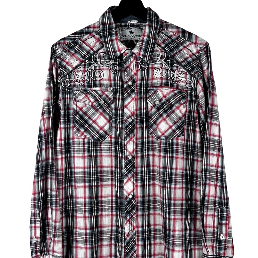 Pop Icon Clothing Buckle Mens Small Red Black Plaid Pearl Snap Western Shirt Y2K